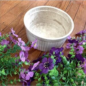 Vintage Stained Crazed Stoneware Soufflé Casserole Dish Ribbed Chip Crack